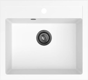 Sink Quality Ferrum, kuchynský granitový drez 565x510x205 mm + čierny sifón, biela, SKQ-FER.W.1K60.XB