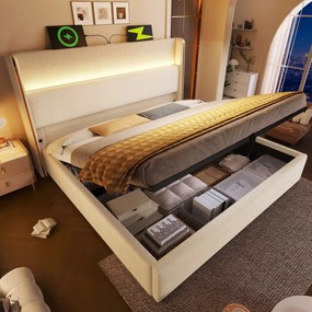 Hydraulická jednolôžková čalúnená posteľ 180x200 Usb C Led Béžová matrac