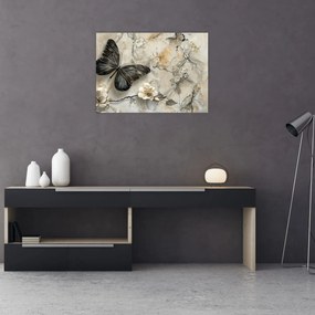 Sklenený obraz - Mramorové pozadie s motýľmi (70x50 cm)