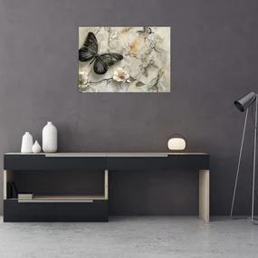 Sklenený obraz - Mramorové pozadie s motýľmi (70x50 cm)