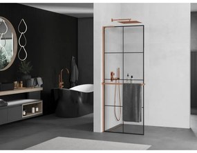 Mexen Kioto+ L, sprchová zástena Walk-In s poličkou a vešiakom 70 x 200 cm, 8mm číre sklo čierny vzor, ružové zlato profil, 800-070-123-60-77