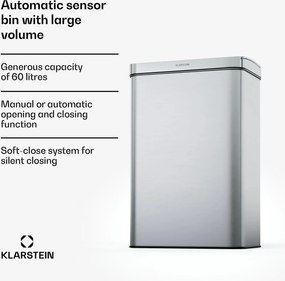 Klarstein Touchless, senzorový odpadkový kôš, 60 l, z nehrdzavejúcej ocele, Soft-Close zatváranie, napájaný batériou, LED displej, časovač