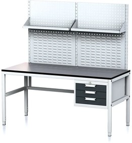 Alfa 3 Nastaviteľný dielenský stôl MECHANIC II s perfopanelom a policami, 3 zásuvkový box na náradie, 1600x700x745-985 mm, sivá/antracit