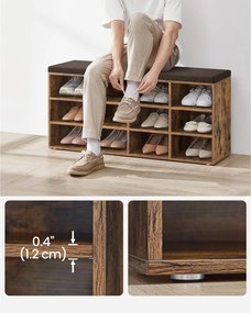Lavička na topánky, botník s čalúneným sedadlom, 12 priehradiek, rustikálna hnedá farba