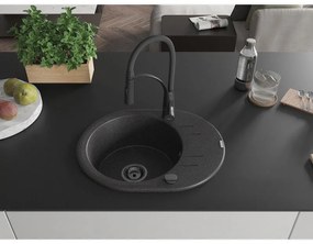 Mexen Kevin, 1-komorový granitový drez 586x458x190 mm a drezová batéria Aster, čierna škvrnitá, 6517-76-73450-70-B