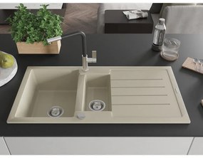 Mexen Andres, 1,5-komorový granitový drez 1000x500x200 mm a drezová batéria Flora, béžová, 6515-69-670401-07