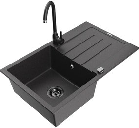 Mexen Bruno, 1-komorový granitový drez s odkvapkávačom 795x495x200 mm a čierna kuchynská batéria Telma, čierna škvrnitá, 6513-76-670200-70-B