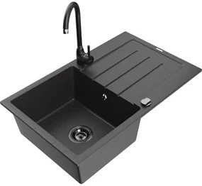 Mexen Bruno, 1-komorový granitový drez s odkvapkávačom 795x495x200 mm a čierna kuchynská batéria Telma, čierna škvrnitá, 6513-76-670200-70-B