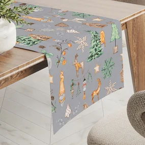 Biante Vianočný bavlnený behúň na stôl Sandra SA-509 Vianoční škriatkovia a ozdoby na sivom 35x120 cm