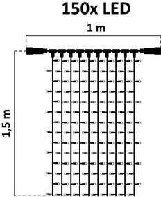 DECOLED Interiérový svetelný záves LED, teplá biela, priehľadný kábel, 1x1,5 m, 150 diód