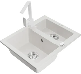 Mexen Carlos, 1,5-komorový granitový drez s odkvapkávačom 582x475x177 mm a biela kuchynská batéria Rita, biela, 6518-20-670300-20