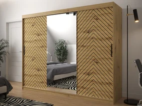 Posuvná skriňa so zrkadlom Ratintu 250 cm, zásuvka: áno, Farby: biela / biela + čierny mat