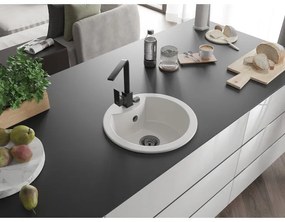 Mexen Diego, 1-komorový granitový drez 488x488x167 mm, čierny sifón, čierna matná batéria Rita, biela, 6512-20-670300-70