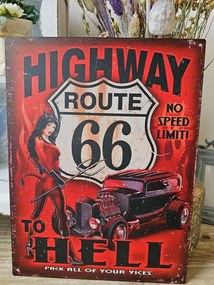 Červená nástenná kovová ceduľa Route 66 - 25*33 cm