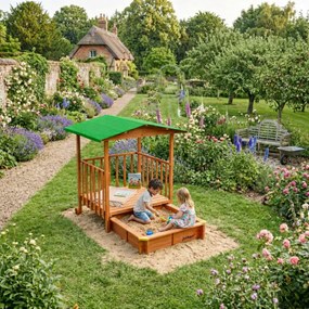 Pieskovisko s verandou SUNNY, 130x130x143cm, hnedá/zelená Jurhan