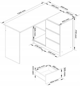 Rohový písací stôl pravý 124 x 85 x 77 cm AKORD CLP - dub craft