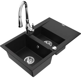 Mexen Gaspar, 1,5-komorový granitový drez 737x475x177 mm a drezová batéria Savita, čierna, 6507-77-672601-00