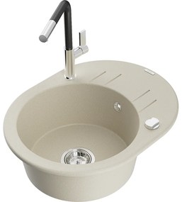 Mexen Kevin, 1-komorový granitový drez 586x458x190 mm a drezová batéria Flora, béžová, 6517-69-670401-07