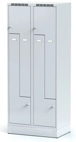 Alfa 3 Kovová šatníková skrinka S6 Z na sokli, 4 oddiely, 1920 x 800 x 500 mm, otočný zámok, sivé dvere