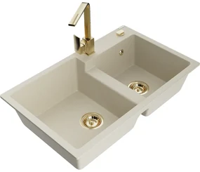 Mexen Tomas, granitový drez 800x500x190 mm, 2-komorový a zlatá batéria Rita, béžová, 6516-69-670300-50
