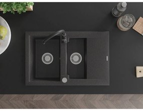Mexen Gaspar, granitový drez 737x475x177 mm, 1,5-komorový a čierna batéria Telma, čierna škvrnitá, 6507-76-670200-70