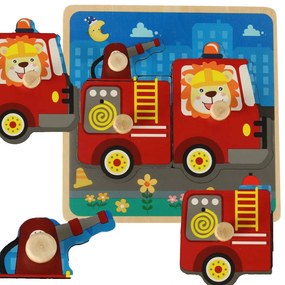 KIK Drevené puzzle Hasičský zbor – hasičské auto pre deti, veľké dieliky, bezpečné