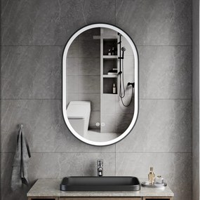 Erga Gwen, oválne LED zrkadlo 50x80cm v čiernom kovovom ráme, 3 farby svetla, predné osvetlenie, vyhrievacia podložka proti zapareniu, ERG-V01-GWEN-5080-BK