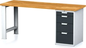 Dielenský pracovný stôl MECHANIC I, pevná noha + dielenský box na náradie, 4 zásuvky, 2000 x 685 x 880 mm, grafitové dvere