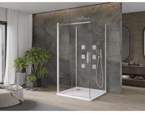 Mexen Omega, 3-stenový sprchovací kút s posuvnými dverami 100 (dvere) x 100 (stena) x 190 cm, 8mm číre sklo, chrómový profil + biela sprchová vanička SLIM, 825-100-100-01-00-3s-4010