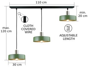 Luster na lanku HAKI 3xE27/60W/230V zelená/čierna/lesklý chróm