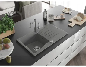 Mexen Cesar, 1-komorový granitový drez 775x470x190 mm a drezová batéria Carla, šedá, 6514-71-670700-71