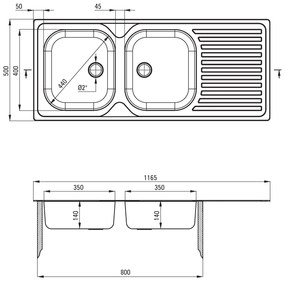 Deante Techno, nerezový drez na dosku 2-komorový Z/O 1165x500x130 2" + sifón, vzor dekor, ZEU_3210