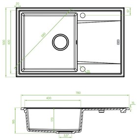 Laveo Megalo, 1-komorový granitový drez 780x500x185 mm + drezová batéria BKZ_968, šedá, LAV-SBEA511T
