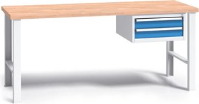 Pracovný stôl do dielne G3 so závesným boxom na náradie, buková škárovka, 2 zásuvky, pevné kovové nohy, 1700 mm, modrá