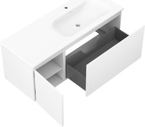 Mexen Rivel, kúpeľňová skrinka 120 cm s pravým umývadlom Vela, 1S, 1D, drážkovaná, biela matná, 91A23-12047-3-BBFF01-W23P01