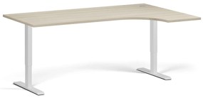 Rohový výškovo nastaviteľný stôl, 180x120 cm, 2 motory, L/P, biela podnož, dub prírodný