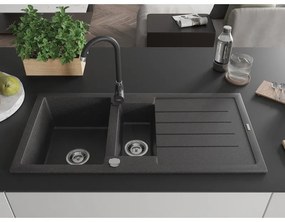 Mexen Andres, granitový kuchynský drez 1,5-komorový s odkvapkávačom 1000x500x200 mm, čierna škvrnitá s chrómovým sifónom a čierna matná kuchynská batéria Telma, 6515-76-670200-70