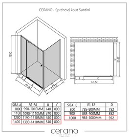 Cerano Santini, sprchovací kút 140(dvere) x 100(stena) x 195 cm, 6mm číre sklo, čierny profil, CER-CER-429019