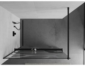 Mexen Kioto+, sprchová zástena s poličkou a držiakom na uteráky 100 x 200 cm, 8mm sklo číre sklo vzor biely, čierny profil, 800-100-121-70-97