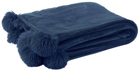Huňatá deka v krásnej tmavomodrej farbe s pomponmi na bokoch deky 175 x 130 cm 37746