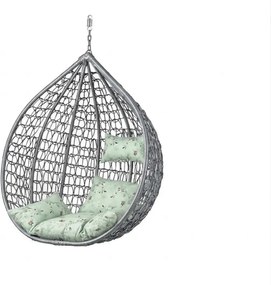 Sivé závesné kreslo KOKON bez stojanu, svetlozelený vankúš so vzorom