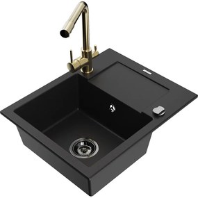 Mexen Enzo, granitový drez 576x465x174 mm, 1-komorový, zlatá lesklá batéria Duero, čierna, 6506-77-671600-50-B