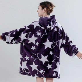 Baránková mikinová deka s rukávmi a kapucňou HVIEZDY fialová