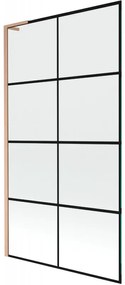 Mexen Next L, 1-krídlová vaňová zástena 100 x 150 cm, 6mm číre sklo-čierny vzor, medený profil, 895-100-000-03-77-65