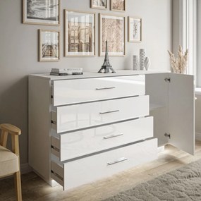 KOMODA MARION III BIELA VYSOKÝ LESK LED STRIEBORNE ÚCHYTKY