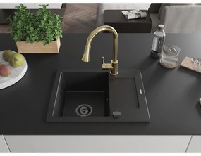 Mexen Enzo, 1-komorový granitový drez 576x465x174 mm a drezová batéria Elia, čierna, 6506-77-670101-50-B
