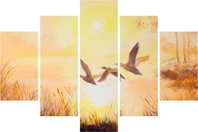 Obraz - Žeriavy pri západe slnka (150x105 cm)