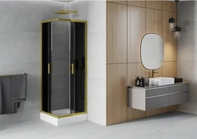Mexen Rio, štvorcový sprchovací kút s posuvnými dverami 80(dvere) x 80(dvere) x 190 cm, 6mm šedé sklo, zlatý profil + biela sprchová vanička RIO, 860-080-080-50-40-4510
