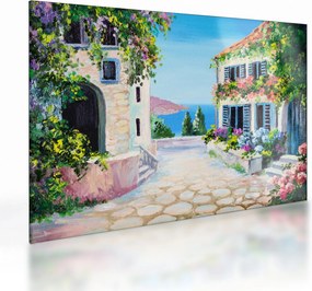Sklenený obraz - Grécka ulička, olejomaľba (70x50 cm)