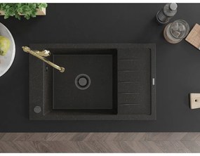Mexen Elias, granitový drez 795x480x200 mm, 1-komorový a drezová batéria Carla, čierna-zlatá metalíza, 6511-75-670700-50-B